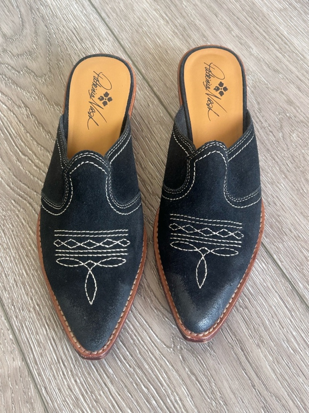 Patricia Nash Battista Black Suede Western Mules - Embroidered Slides -SZ 9 1/2